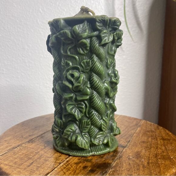 Vintage Large Green Carved German Bavarian Wax Pilar Candle 70s Vibes - Picture 3 of 14